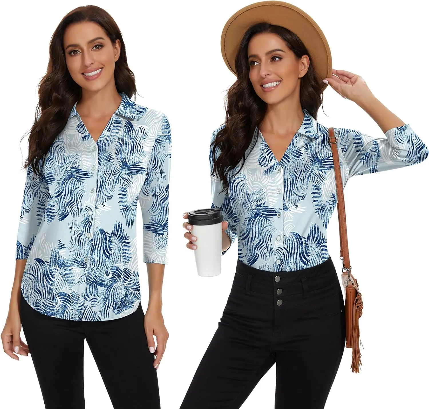 Soneven Womens 3/4 Sleeve Button Down Shirt V Neck Collared Polo Shirts Work Blouses