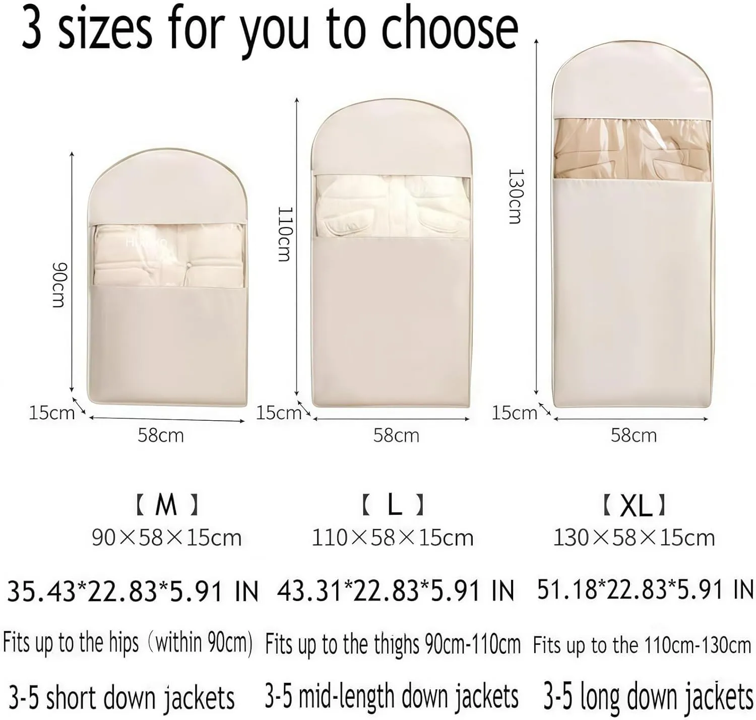 Space Saving Hanging Garment Bag with Self-Compression Zipper - Vacuum Seal Clothes Storage Organizer for Down Coats, Suits & Seasonal Clothing