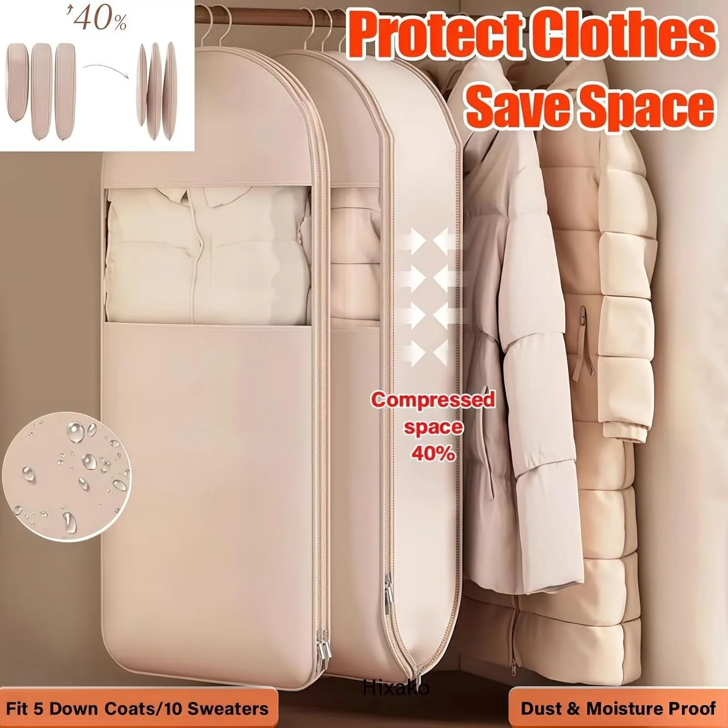Space Saving Hanging Garment Bag with Self-Compression Zipper - Vacuum Seal Clothes Storage Organizer for Down Coats, Suits & Seasonal Clothing