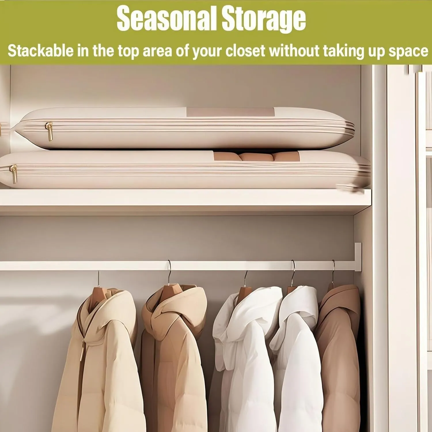 Space Saving Hanging Garment Bag with Self-Compression Zipper - Vacuum Seal Clothes Storage Organizer for Down Coats, Suits & Seasonal Clothing