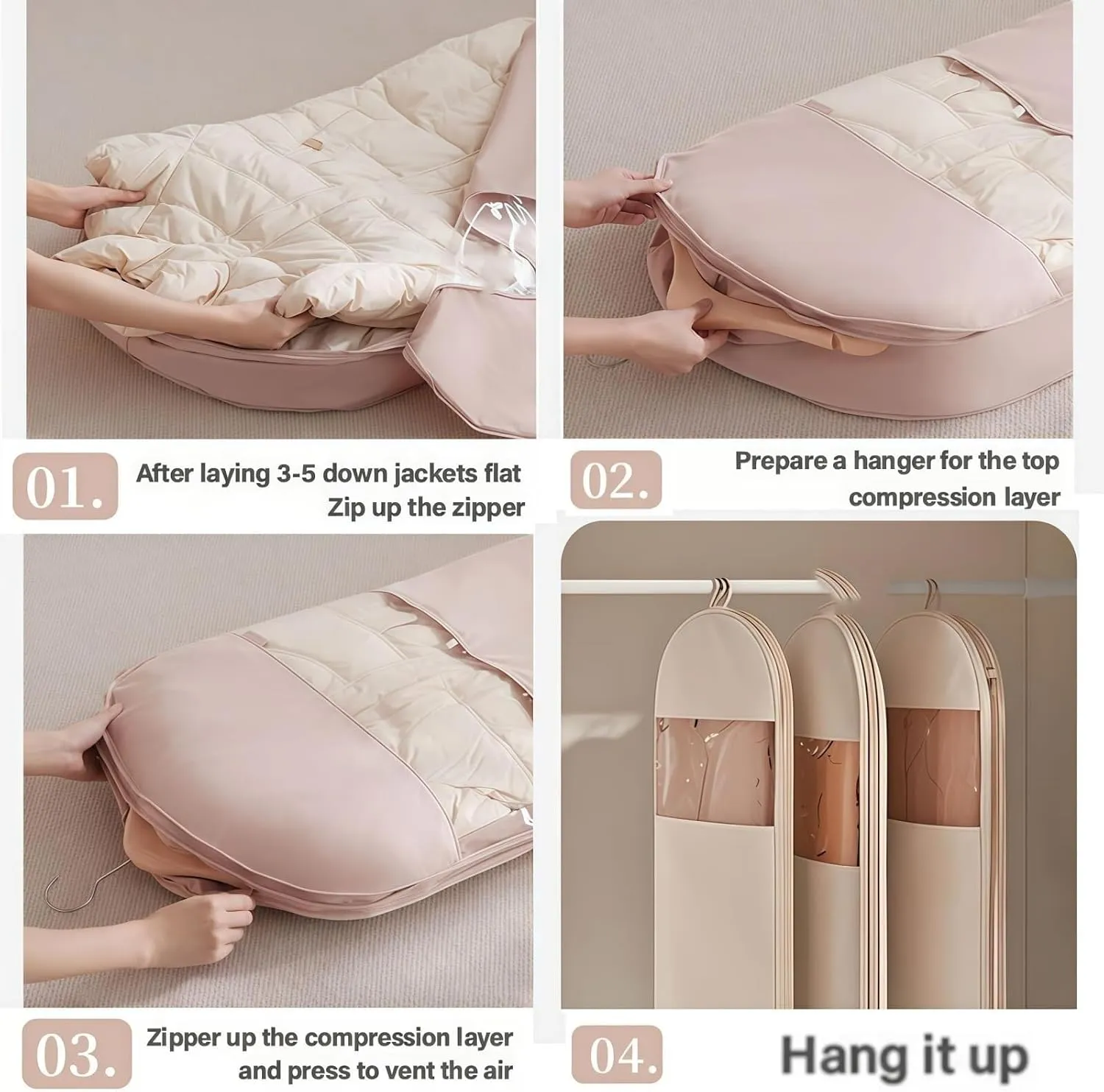Space Saving Hanging Garment Bag with Self-Compression Zipper - Vacuum Seal Clothes Storage Organizer for Down Coats, Suits & Seasonal Clothing