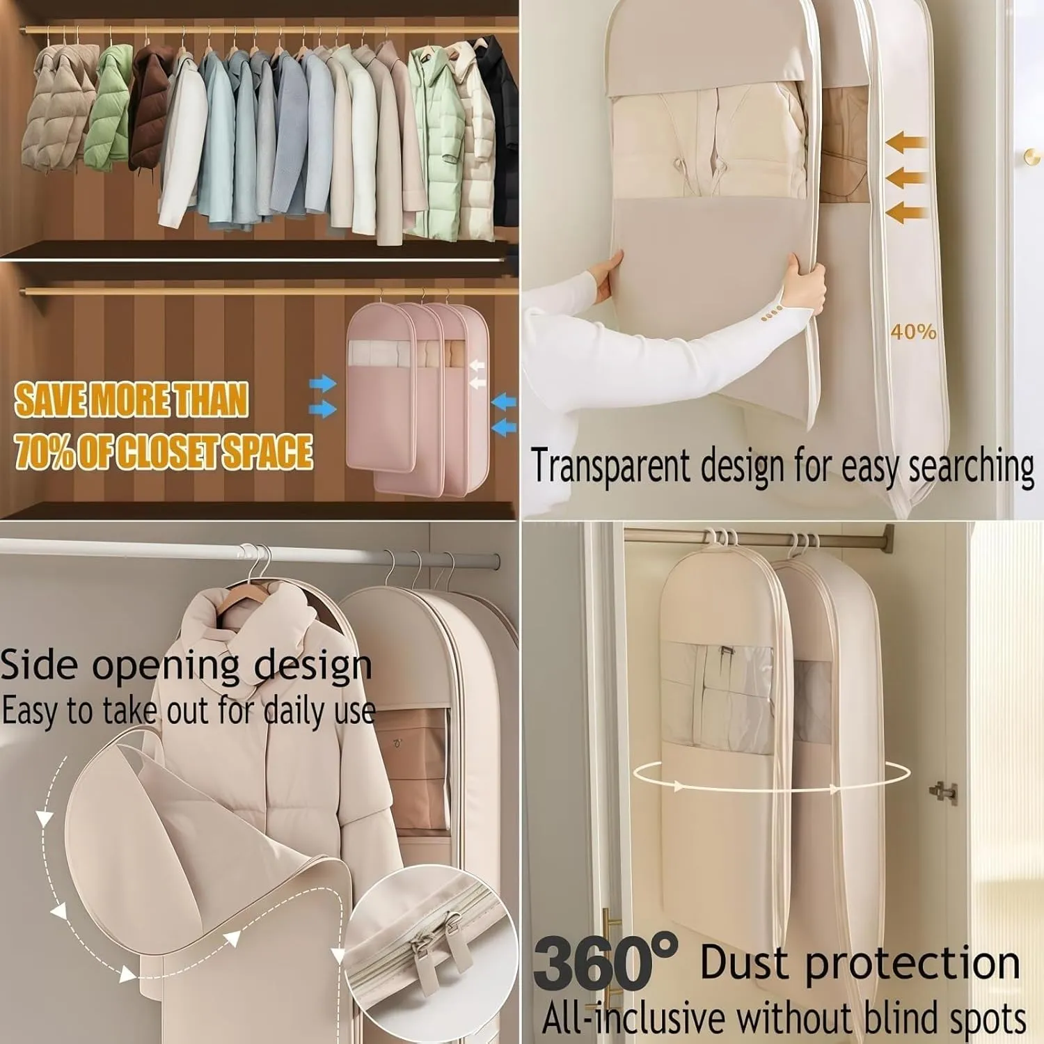 Space Saving Hanging Garment Bag with Self-Compression Zipper - Vacuum Seal Clothes Storage Organizer for Down Coats, Suits & Seasonal Clothing