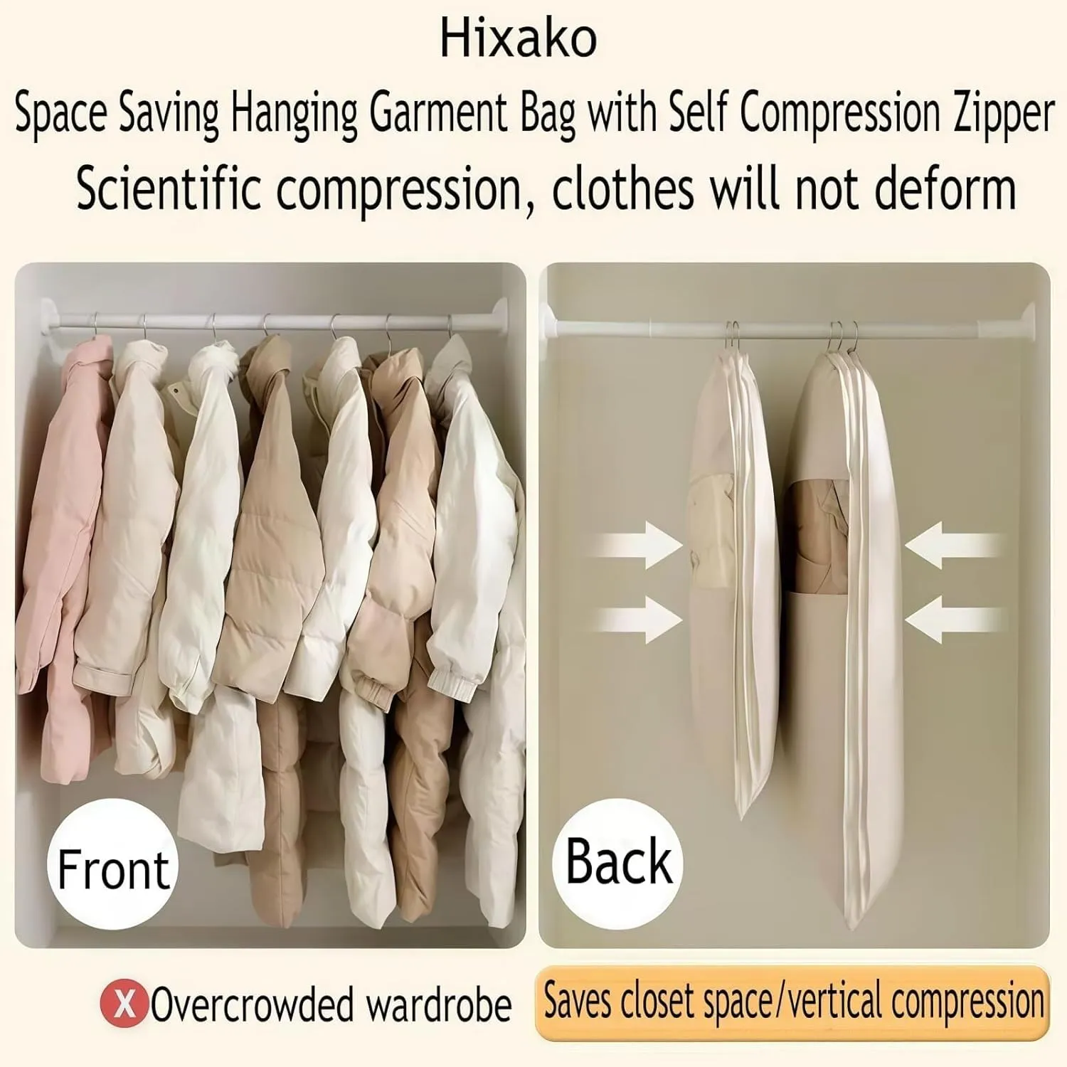 Space Saving Hanging Garment Bag with Self-Compression Zipper - Vacuum Seal Clothes Storage Organizer for Down Coats, Suits & Seasonal Clothing