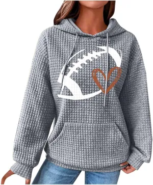 Stessotudo Womens Waffle Knit Hoodies Casual Long Sleeve Cute Football Print Sweatshirts Drawstring Trendy Pullover Tops 2023