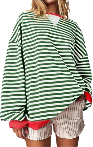 Striped Sweatshirt For Women 2024 Cute Fall Fashion Oversized Long Sleeve Crewneck Pullover Tops Teens y2k Outfits