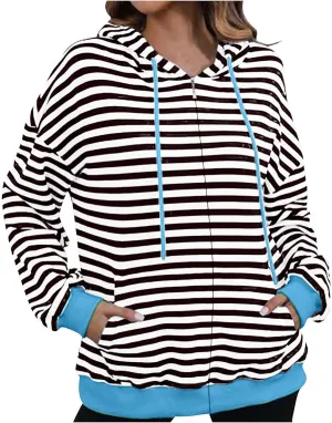 Striped Sweatshirt for Women Long Sleeve Hooded Sweatshirt Oversized Sweatshirt with Drawstring Fashion Hoodie