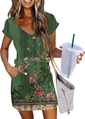 Summer Dresses for Women 2025 Sundress Short Sleeve V Neck Beach Vacation A-Line Double Layer Hem Mini Dresses