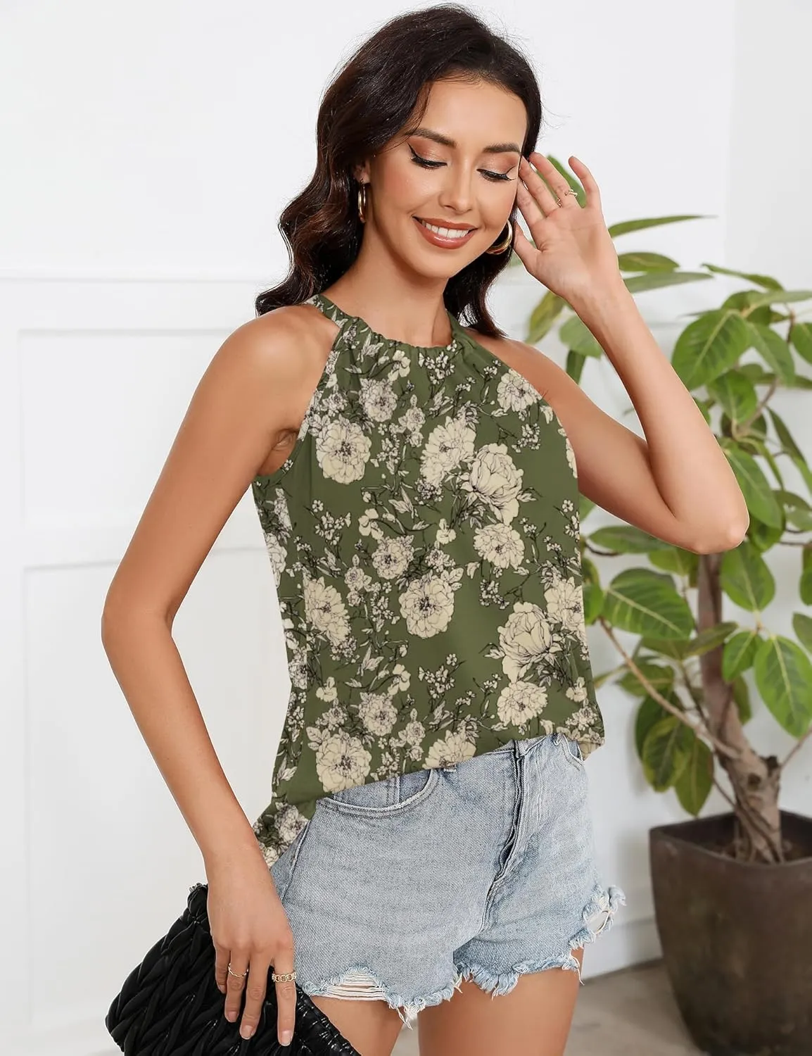 Summer Halter Tank Tops for Women Loose Fit Pleated Tie Back Sleeveless Tops Casual