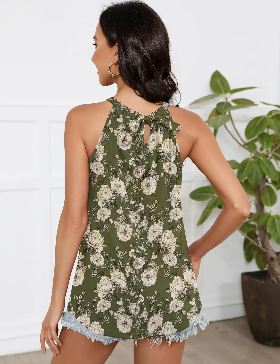 Summer Halter Tank Tops for Women Loose Fit Pleated Tie Back Sleeveless Tops Casual