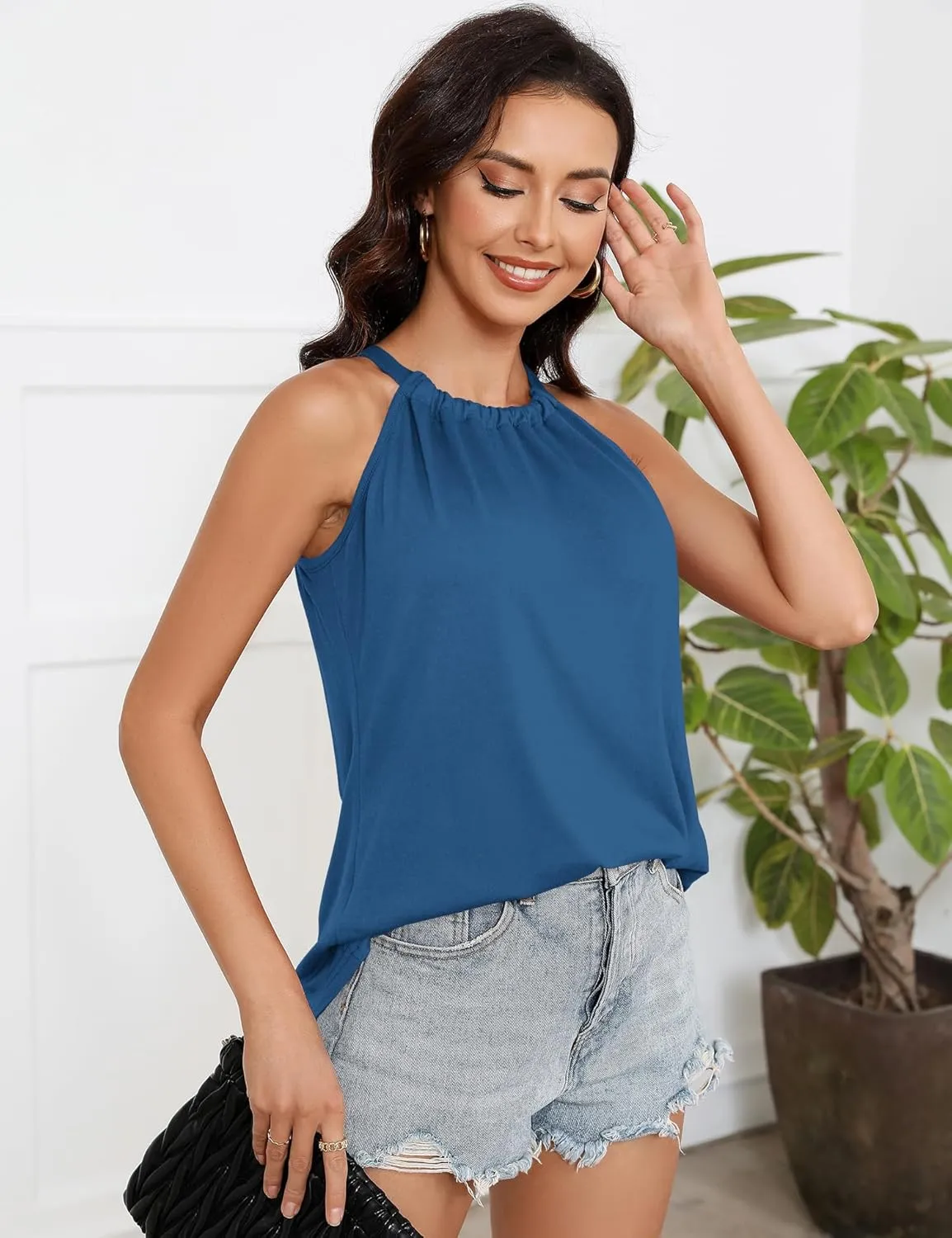 Summer Halter Tank Tops for Women Loose Fit Pleated Tie Back Sleeveless Tops Casual