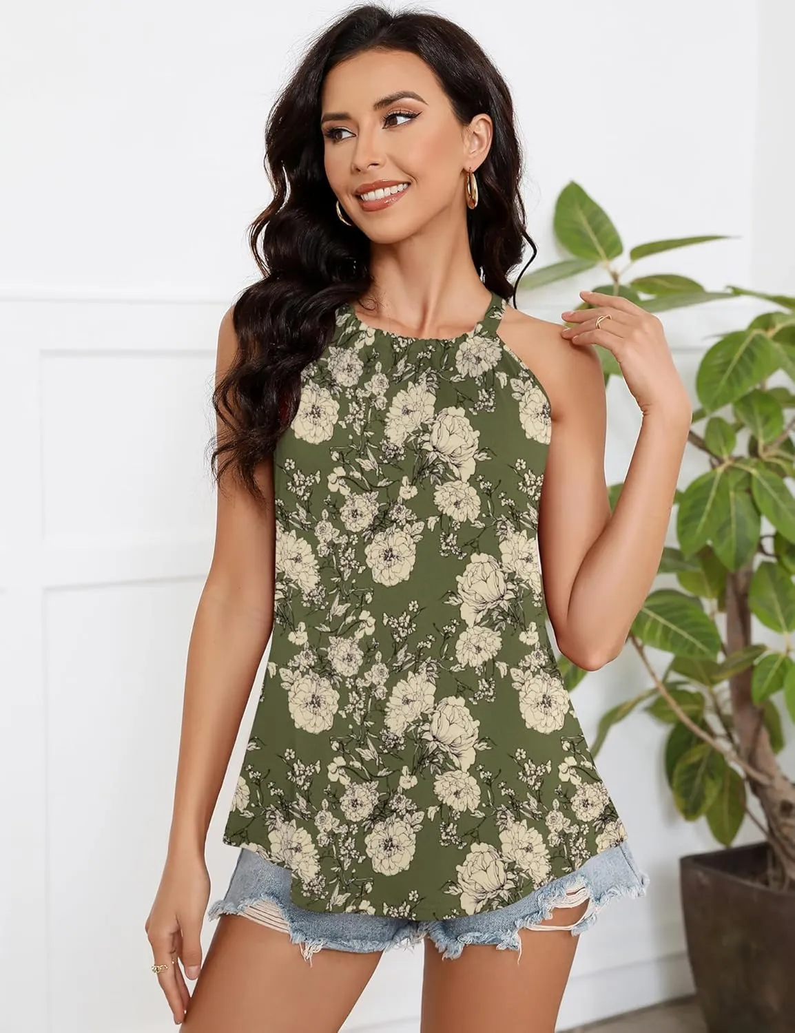Summer Halter Tank Tops for Women Loose Fit Pleated Tie Back Sleeveless Tops Casual