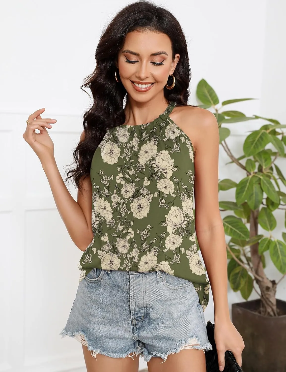 Summer Halter Tank Tops for Women Loose Fit Pleated Tie Back Sleeveless Tops Casual