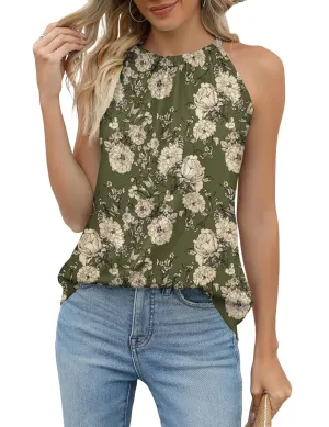 Summer Halter Tank Tops for Women Loose Fit Pleated Tie Back Sleeveless Tops Casual