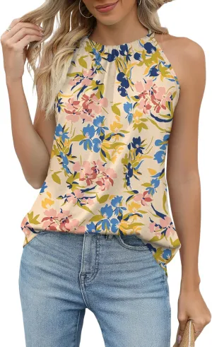Summer Halter Tank Tops for Women Loose Fit Pleated Tie Back Sleeveless Tops Casual