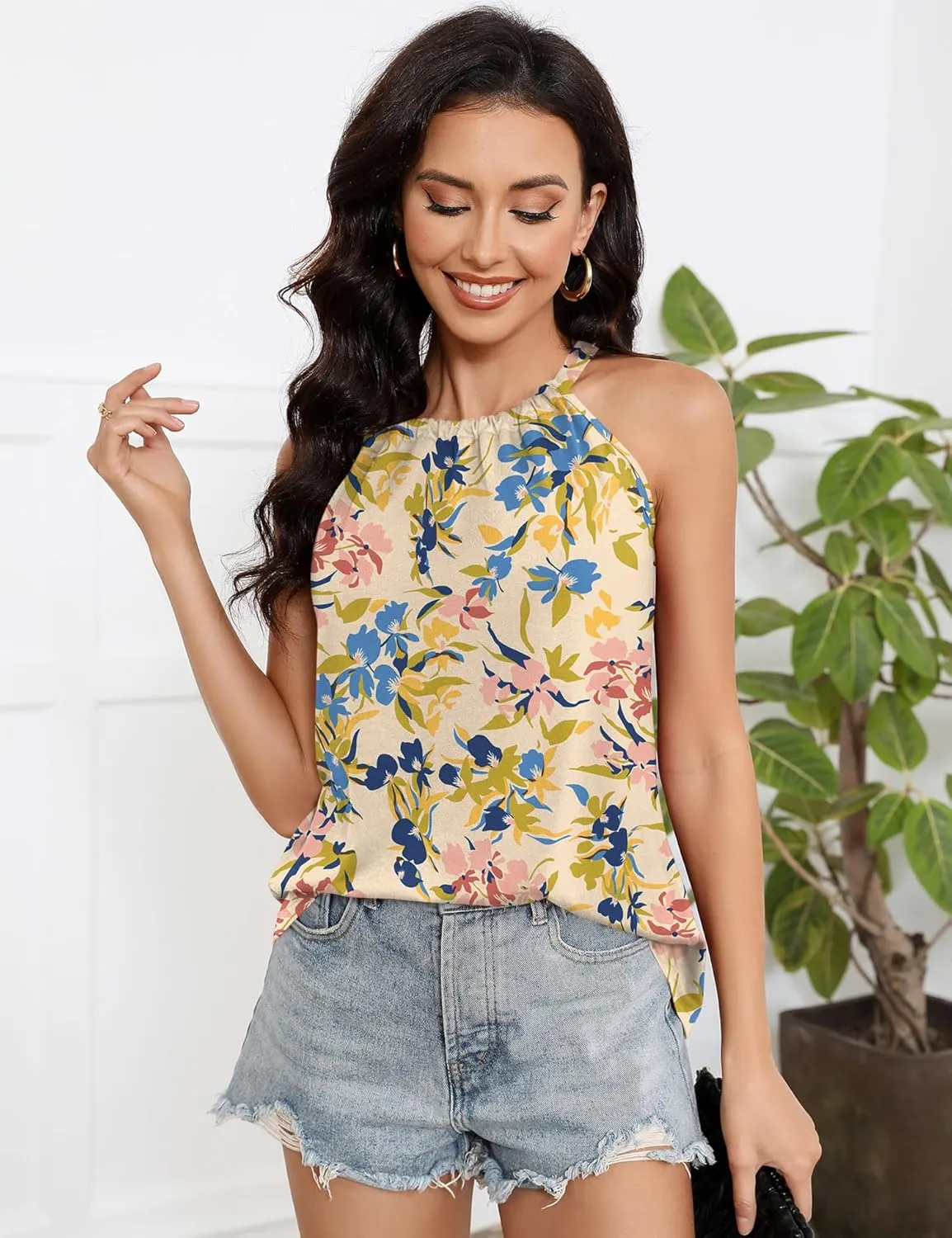 Summer Halter Tank Tops for Women Loose Fit Pleated Tie Back Sleeveless Tops Casual