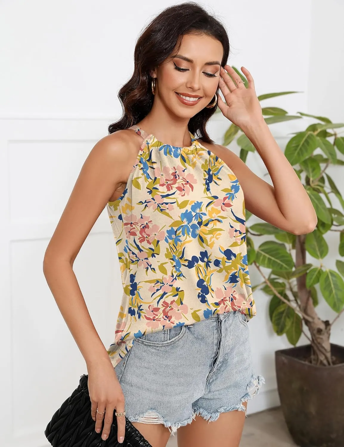 Summer Halter Tank Tops for Women Loose Fit Pleated Tie Back Sleeveless Tops Casual