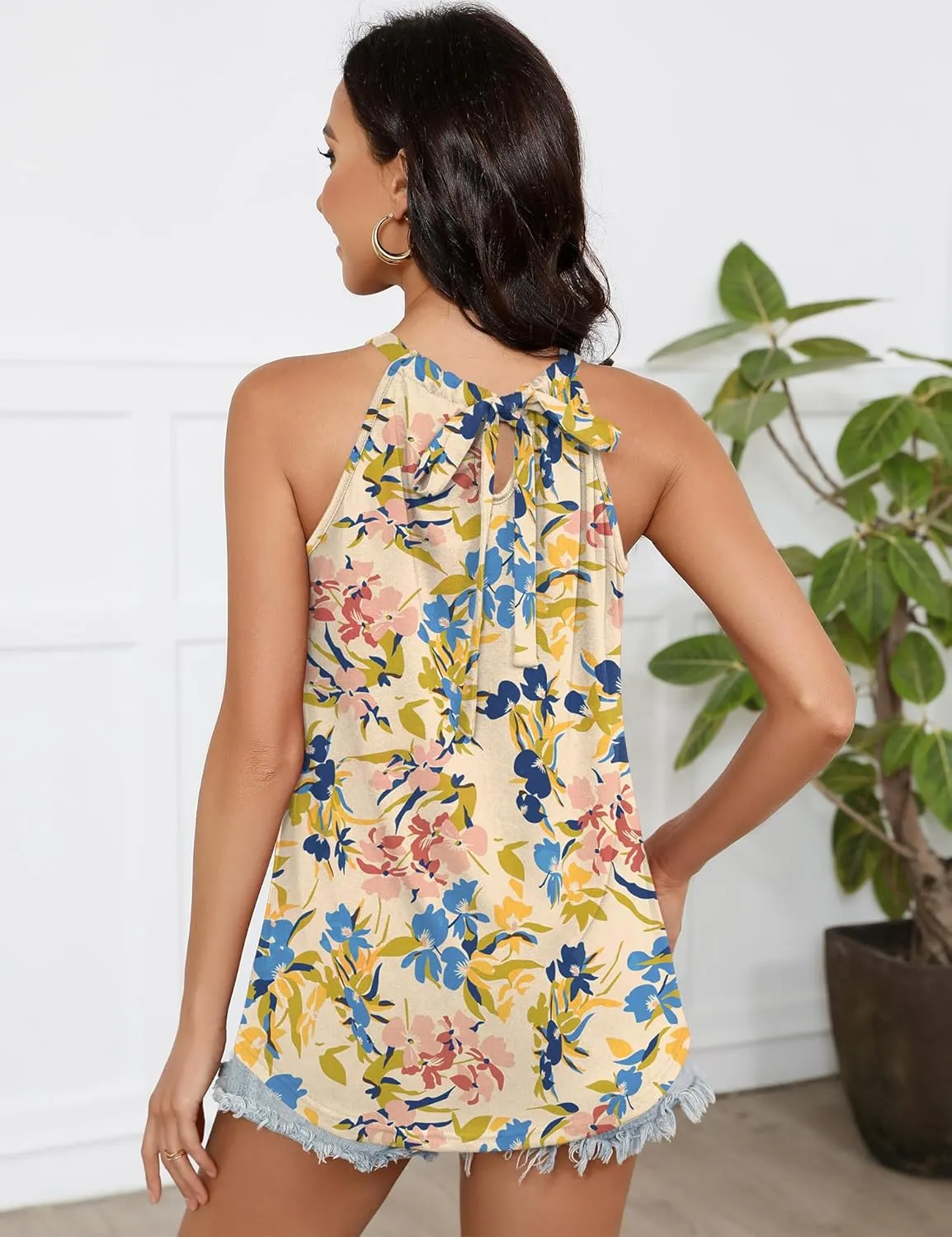 Summer Halter Tank Tops for Women Loose Fit Pleated Tie Back Sleeveless Tops Casual