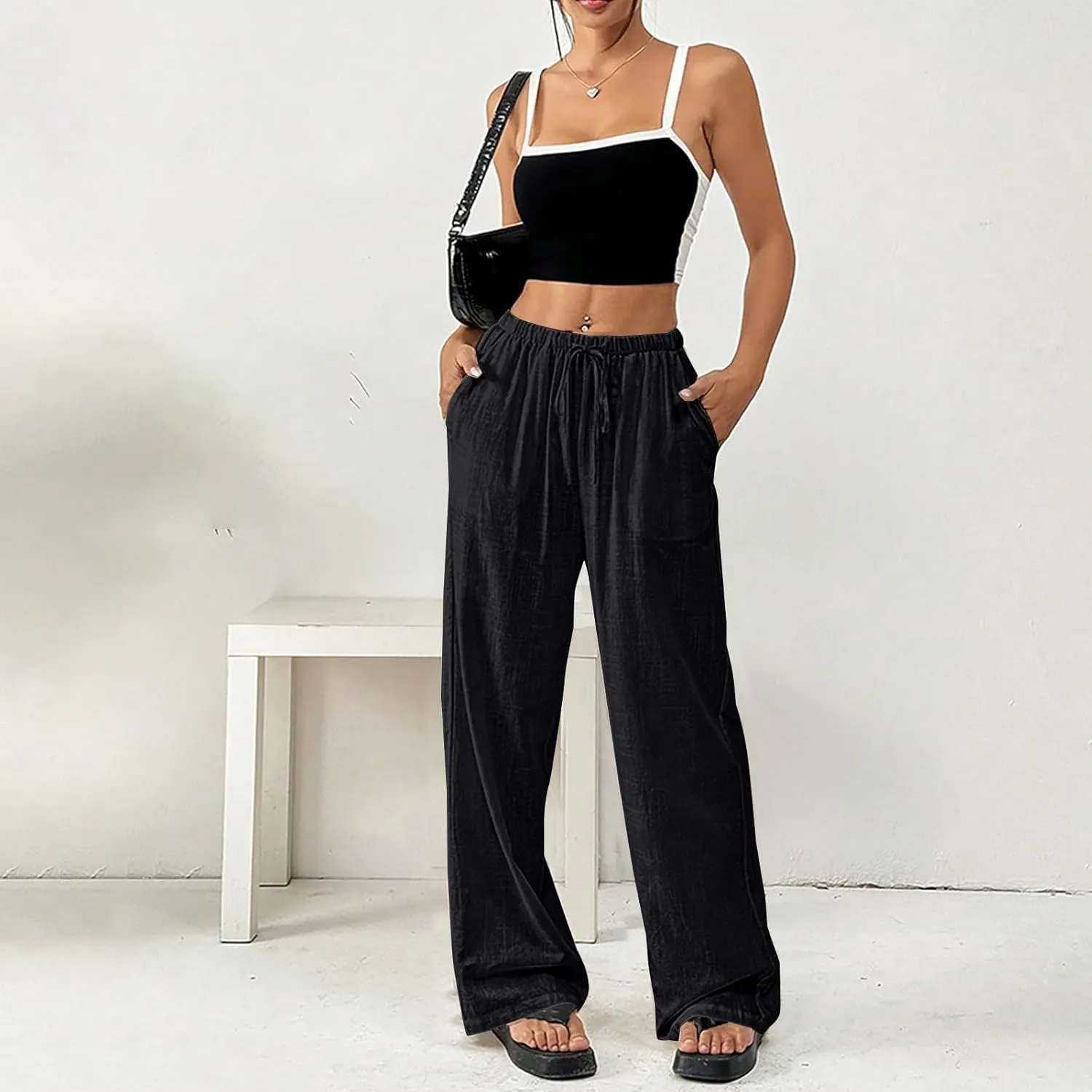 Summer Linen Palazzo Pants for Women Flowy Wide Leg Beach Trousers Loose Casual High Waist Yoga Pants with Pockets