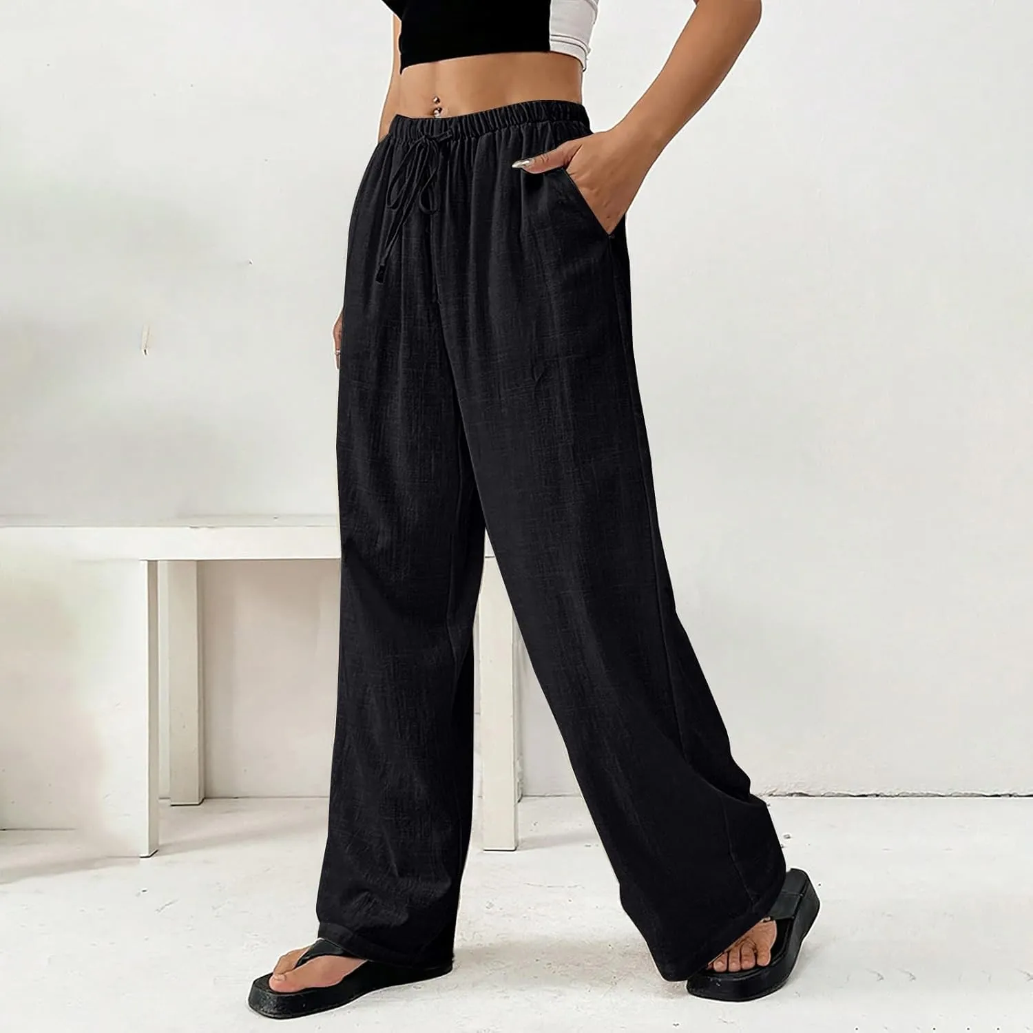 Summer Linen Palazzo Pants for Women Flowy Wide Leg Beach Trousers Loose Casual High Waist Yoga Pants with Pockets