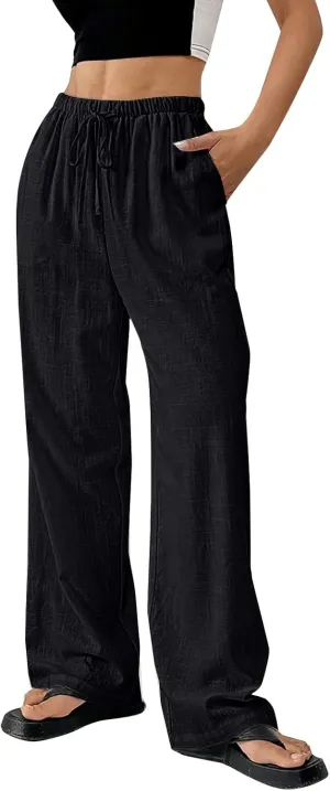 Summer Linen Palazzo Pants for Women Flowy Wide Leg Beach Trousers Loose Casual High Waist Yoga Pants with Pockets