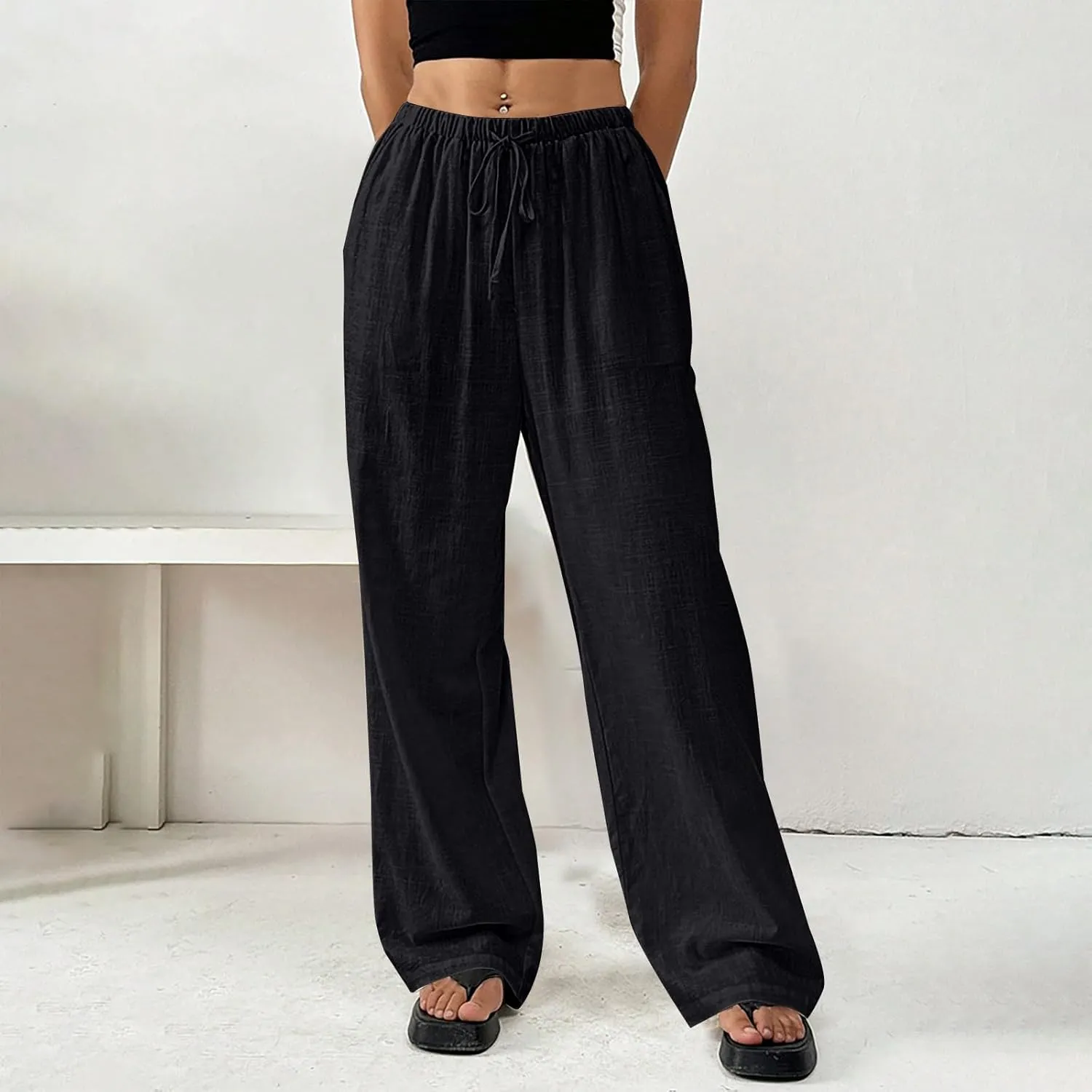 Summer Linen Palazzo Pants for Women Flowy Wide Leg Beach Trousers Loose Casual High Waist Yoga Pants with Pockets