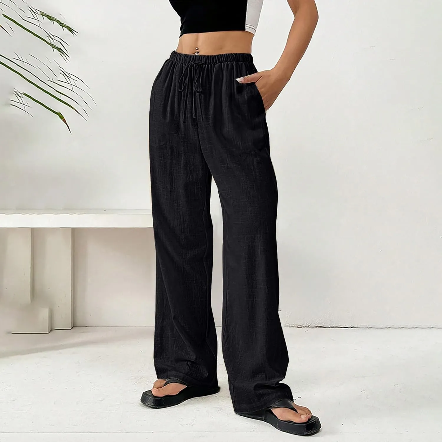 Summer Linen Palazzo Pants for Women Flowy Wide Leg Beach Trousers Loose Casual High Waist Yoga Pants with Pockets