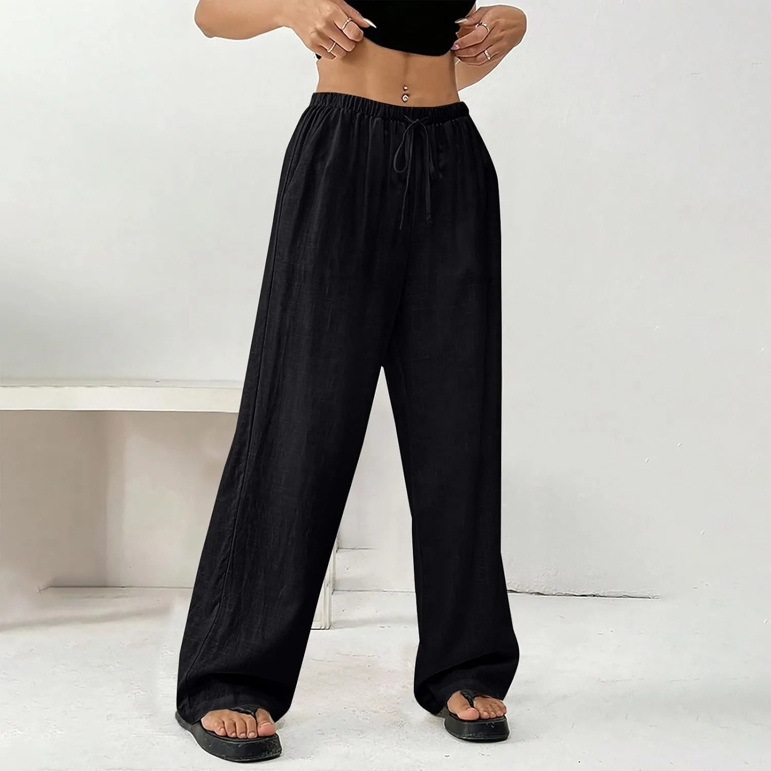 Summer Linen Palazzo Pants for Women Flowy Wide Leg Beach Trousers Loose Casual High Waist Yoga Pants with Pockets
