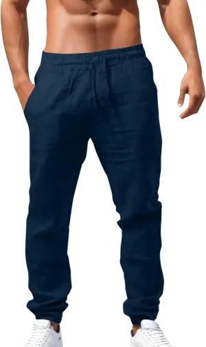 Summer Linen Pants for Men Workout Track Pant Stretch Elastic Waist Classic Fit Trousers Gym Golf Sweatpants