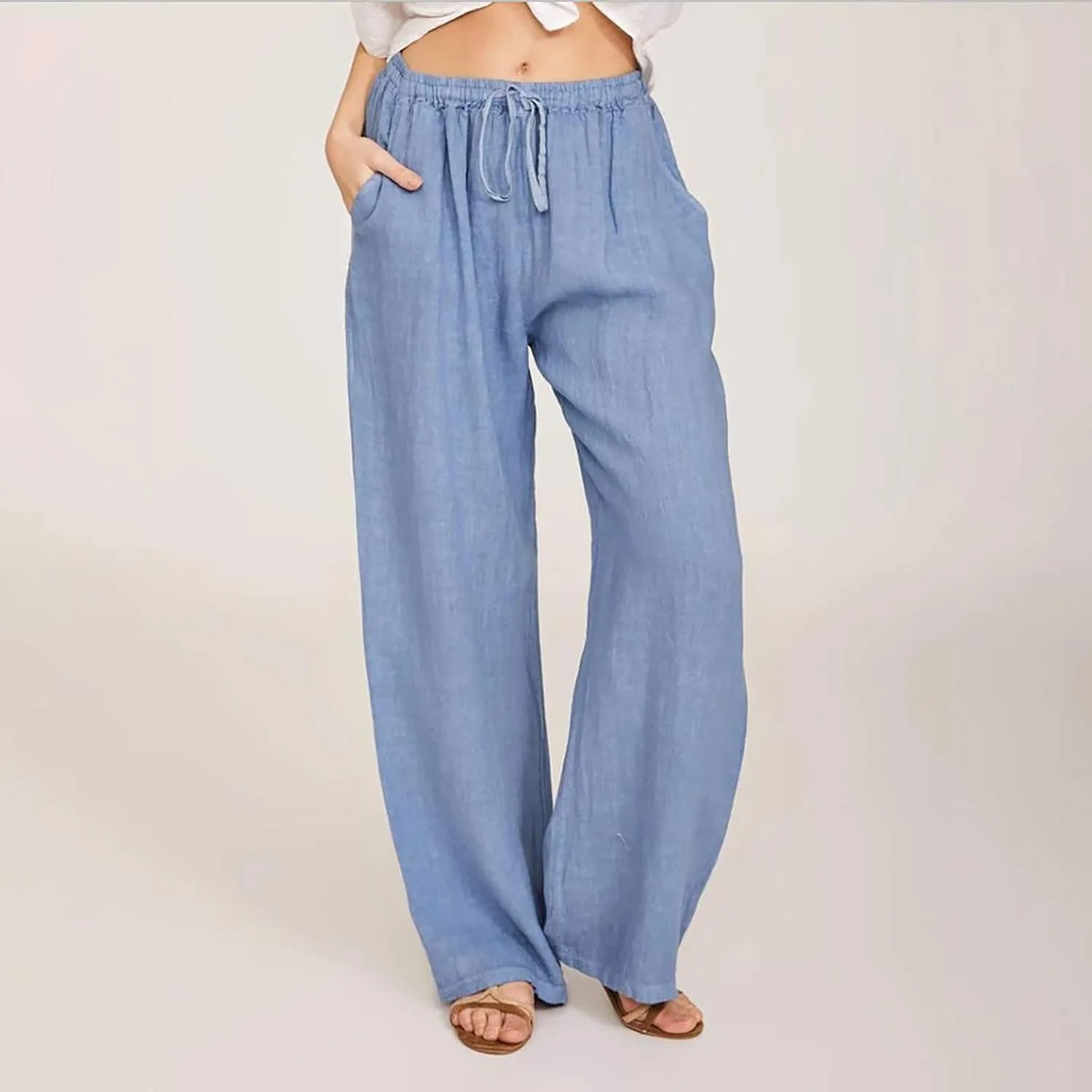 Summer Pants for Women Solid Color Casual Cotton Linen Pants 2025 Vacation Outfits Baggy Drawstring Trousers