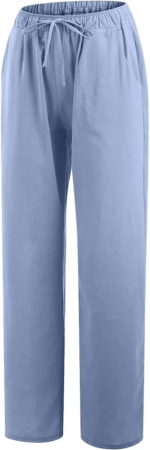 Summer Pants for Women Solid Color Casual Cotton Linen Pants 2025 Vacation Outfits Baggy Drawstring Trousers