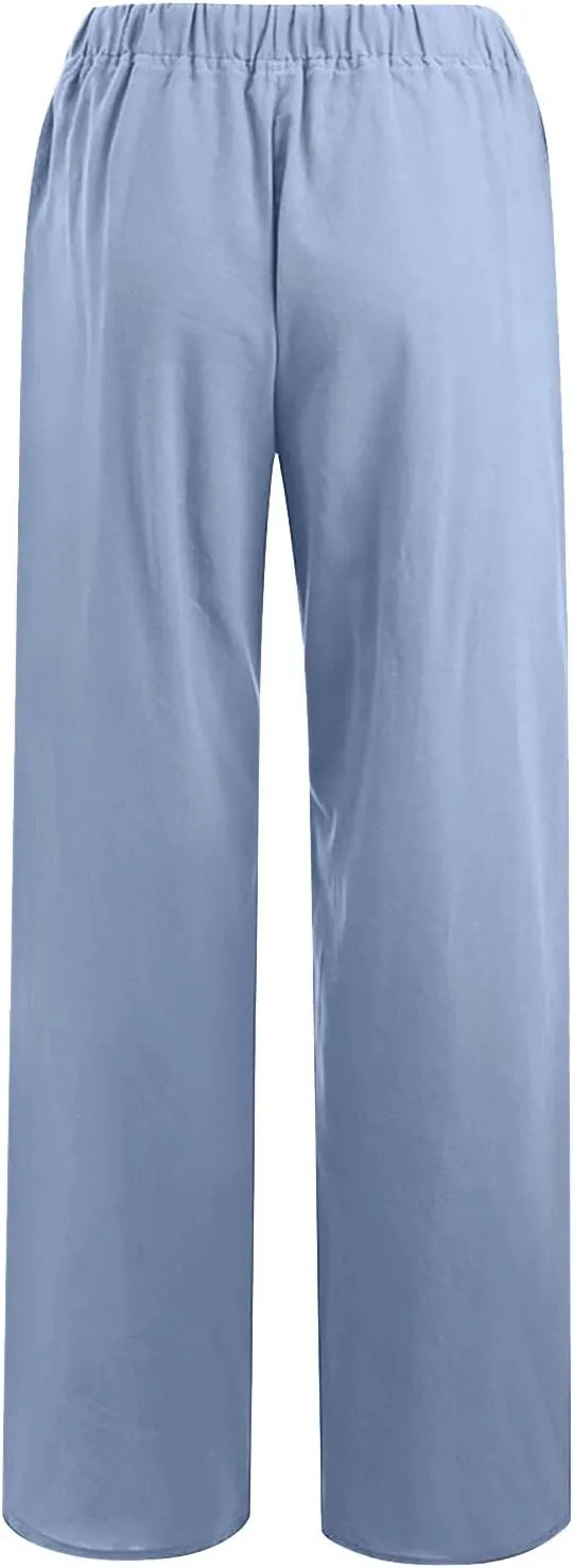 Summer Pants for Women Solid Color Casual Cotton Linen Pants 2025 Vacation Outfits Baggy Drawstring Trousers