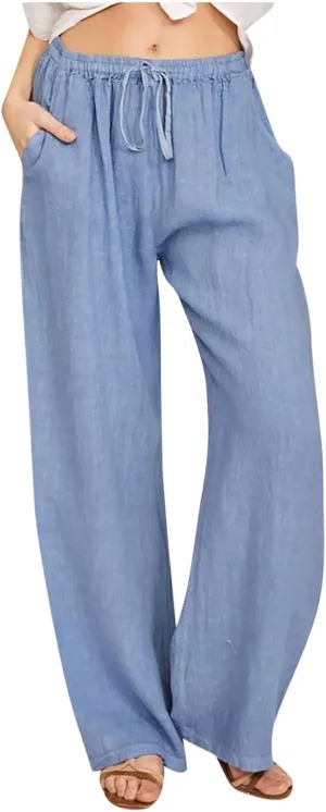 Summer Pants for Women Solid Color Casual Cotton Linen Pants 2025 Vacation Outfits Baggy Drawstring Trousers
