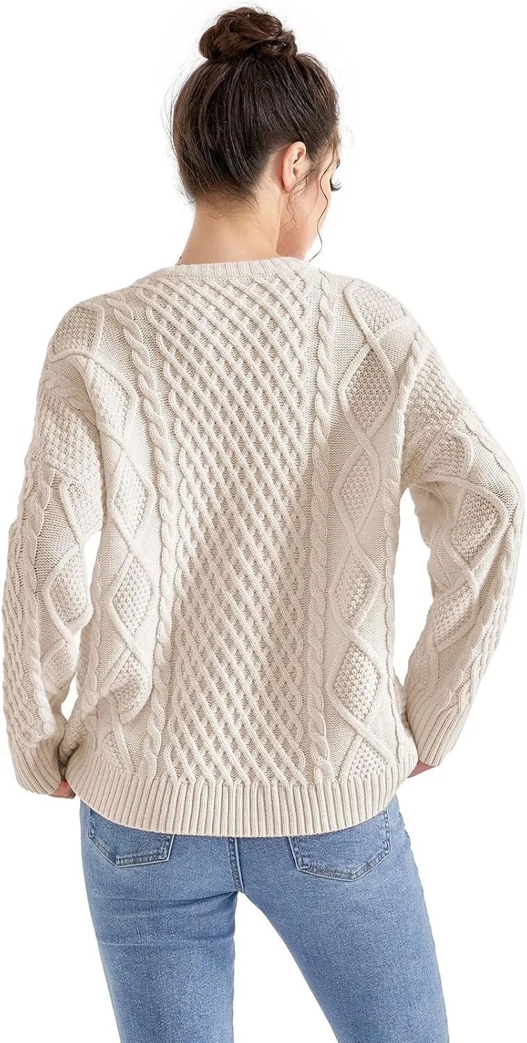 SUUKSESS Women Oversized Cable Knit Sweater Fall Long Sleeve Crew Neck Pullover Tops 2024