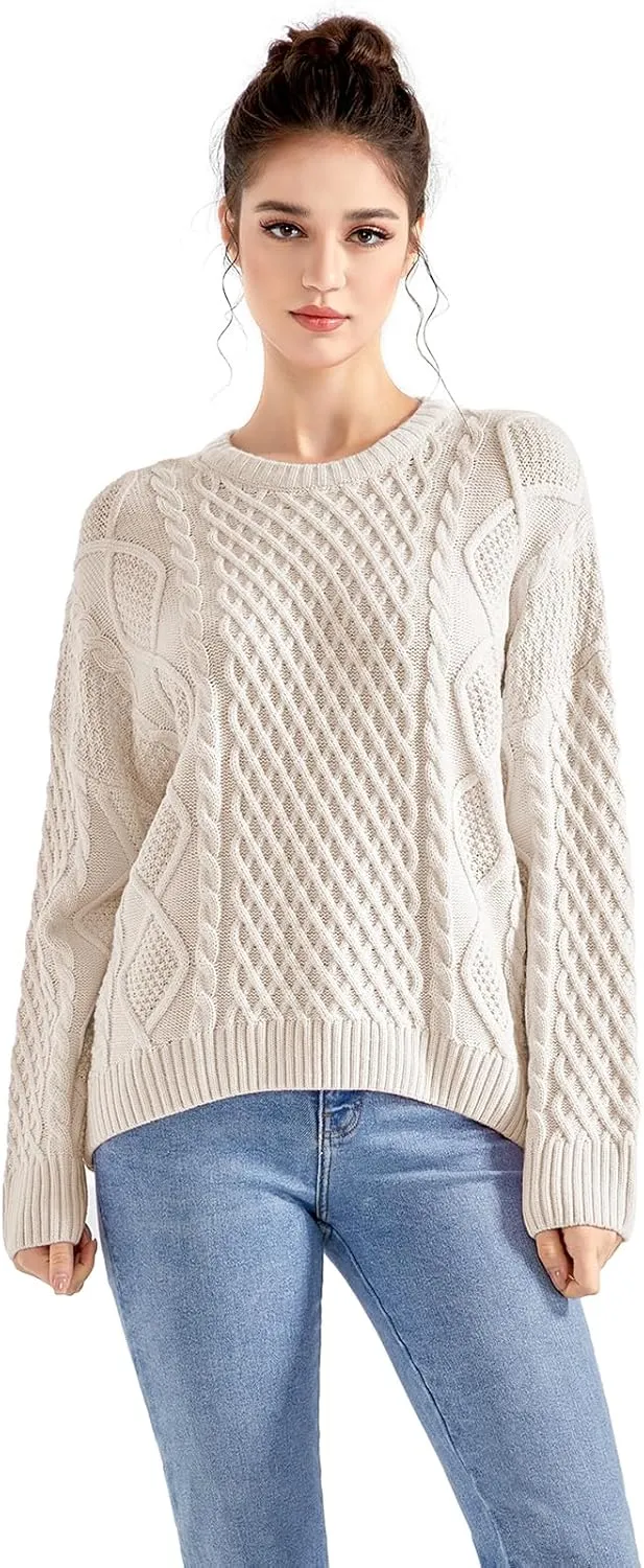 SUUKSESS Women Oversized Cable Knit Sweater Fall Long Sleeve Crew Neck Pullover Tops 2024
