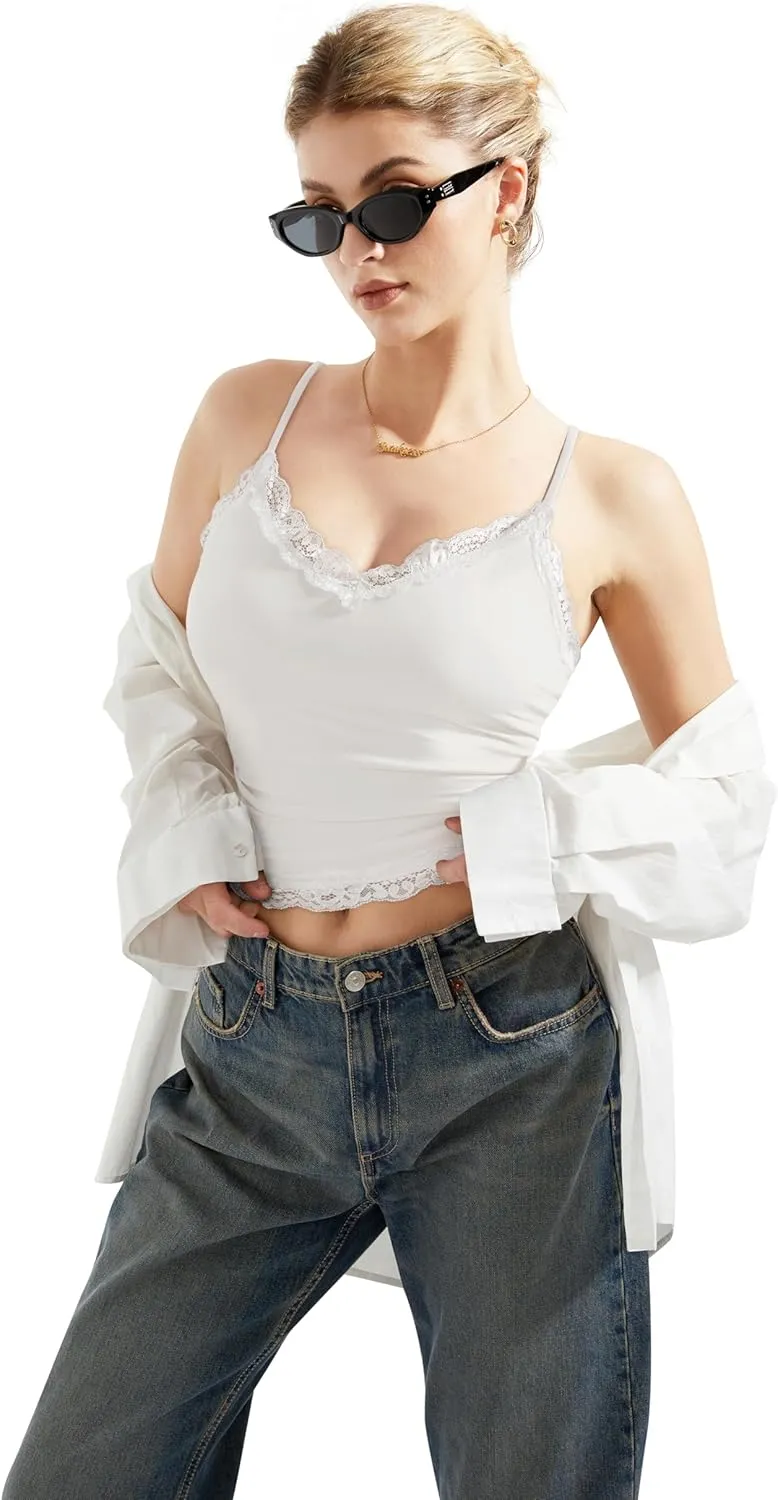 SUUKSESS Women Padded Lace Double Lined Tank Tops Sexy V Neck Summer Going Out Top