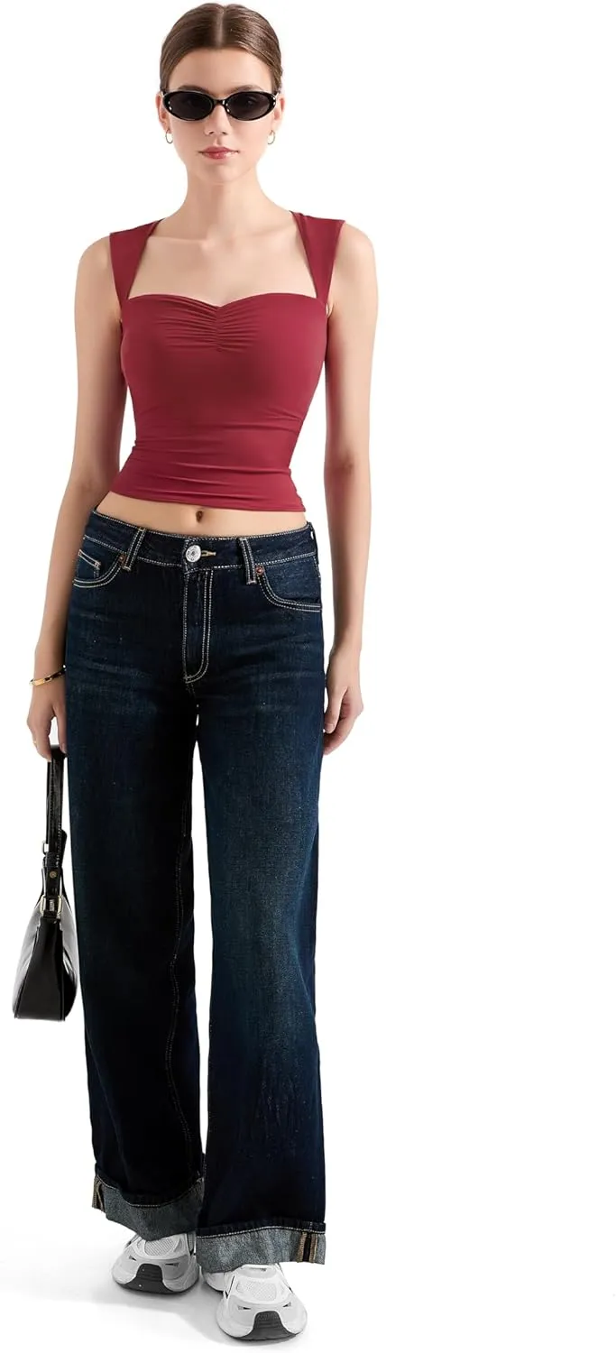 SUUKSESS Women Sweetheart V Neck Backless Tank Tops Double Lined Going Out Crop Tops