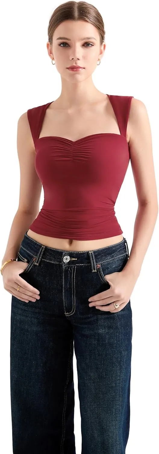 SUUKSESS Women Sweetheart V Neck Backless Tank Tops Double Lined Going Out Crop Tops