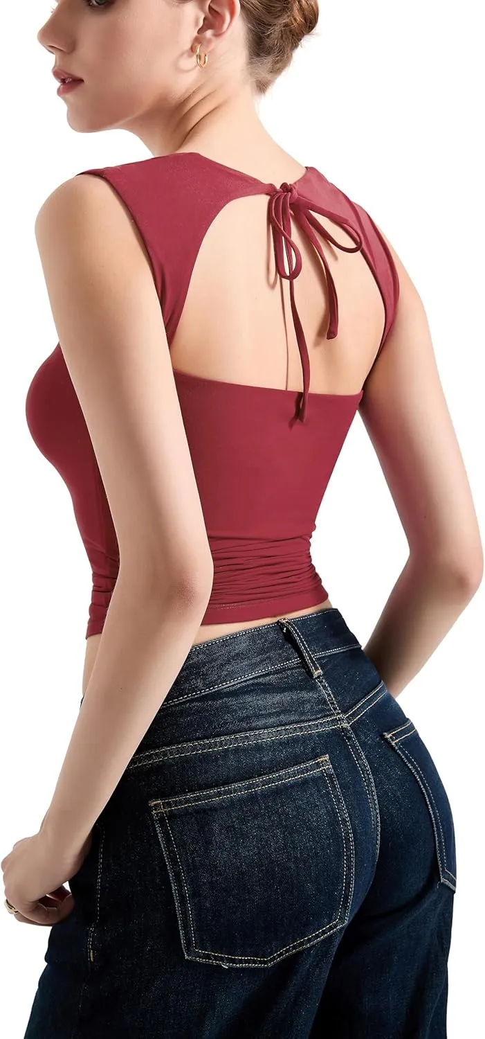 SUUKSESS Women Sweetheart V Neck Backless Tank Tops Double Lined Going Out Crop Tops
