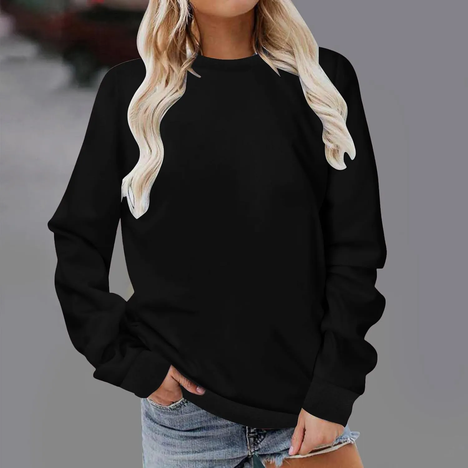 Sweatshirt for Women Long Sleeve Simple Solid Color Hoodies Sweatshirts Casual Loose Trendy Pullover