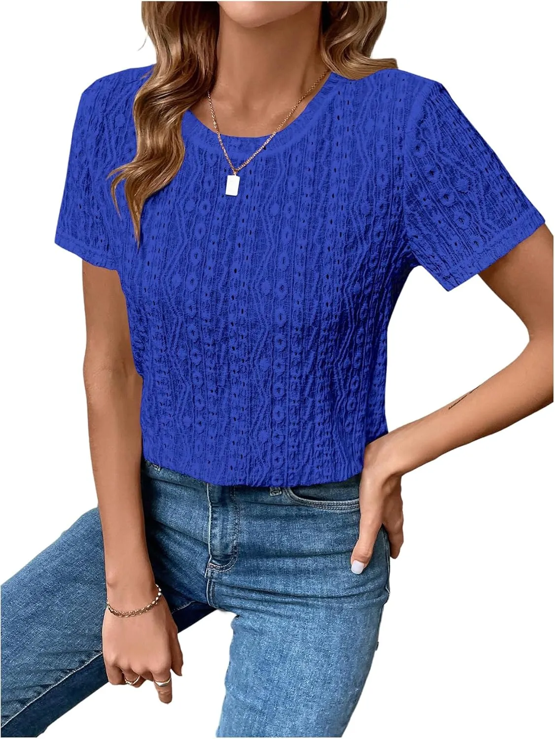 SweatyRocks Women's Eyelet Embroidery Short Sleeve Tops Shirts Solid Crewneck Retro Plain Casual Holiday T-Shirts