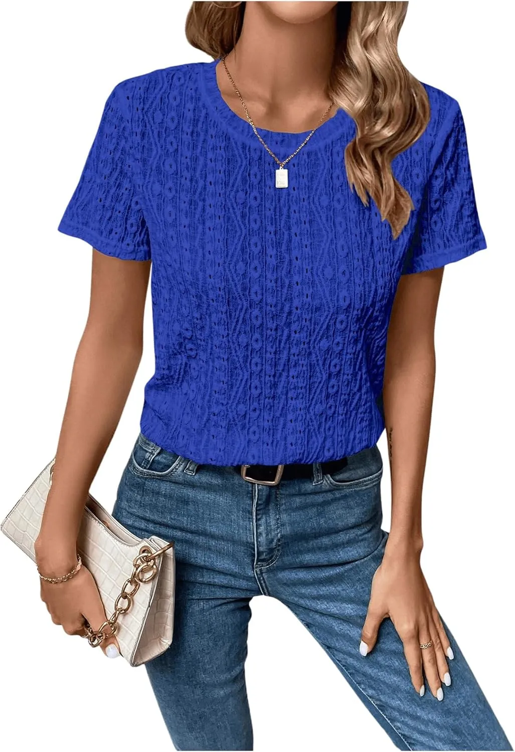 SweatyRocks Women's Eyelet Embroidery Short Sleeve Tops Shirts Solid Crewneck Retro Plain Casual Holiday T-Shirts