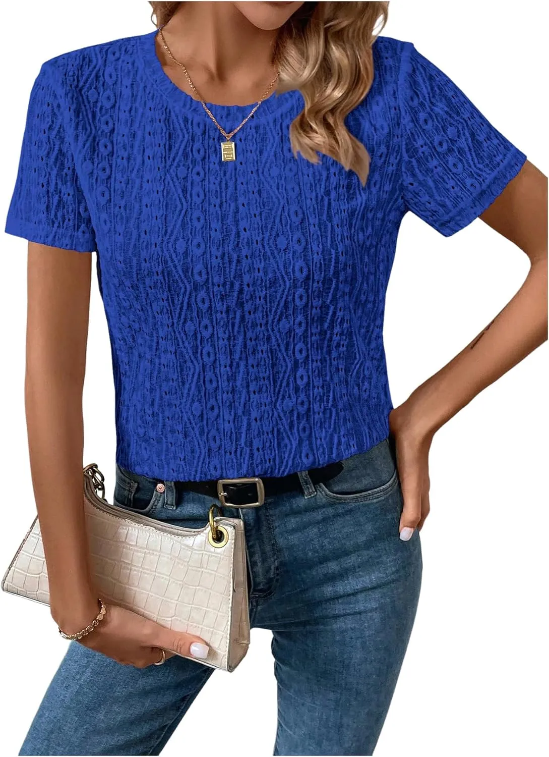 SweatyRocks Women's Eyelet Embroidery Short Sleeve Tops Shirts Solid Crewneck Retro Plain Casual Holiday T-Shirts