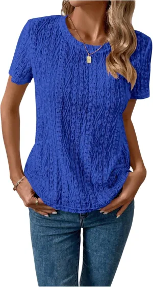 SweatyRocks Women's Eyelet Embroidery Short Sleeve Tops Shirts Solid Crewneck Retro Plain Casual Holiday T-Shirts