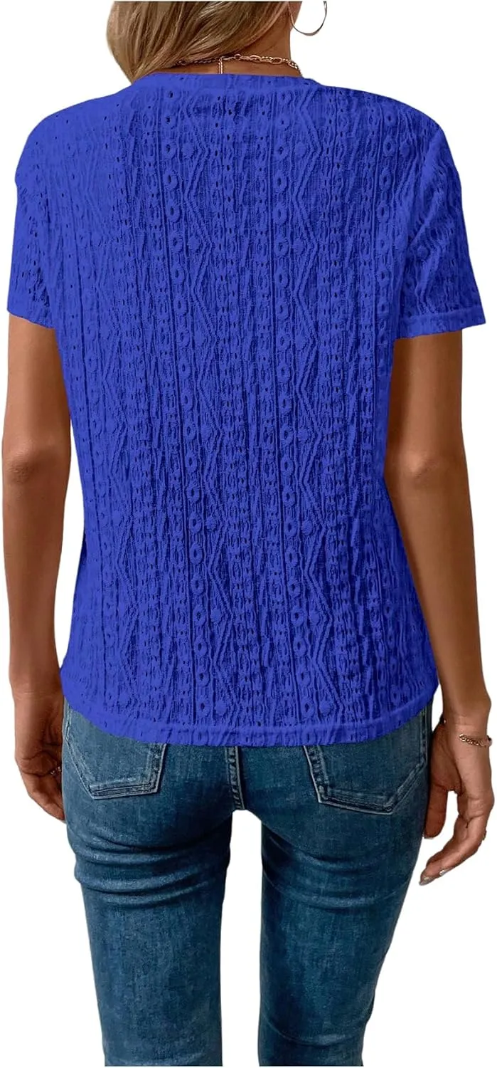 SweatyRocks Women's Eyelet Embroidery Short Sleeve Tops Shirts Solid Crewneck Retro Plain Casual Holiday T-Shirts