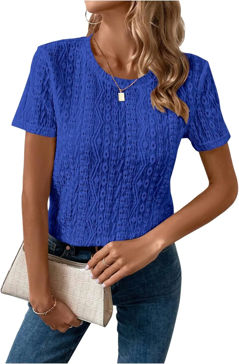 SweatyRocks Women's Eyelet Embroidery Short Sleeve Tops Shirts Solid Crewneck Retro Plain Casual Holiday T-Shirts