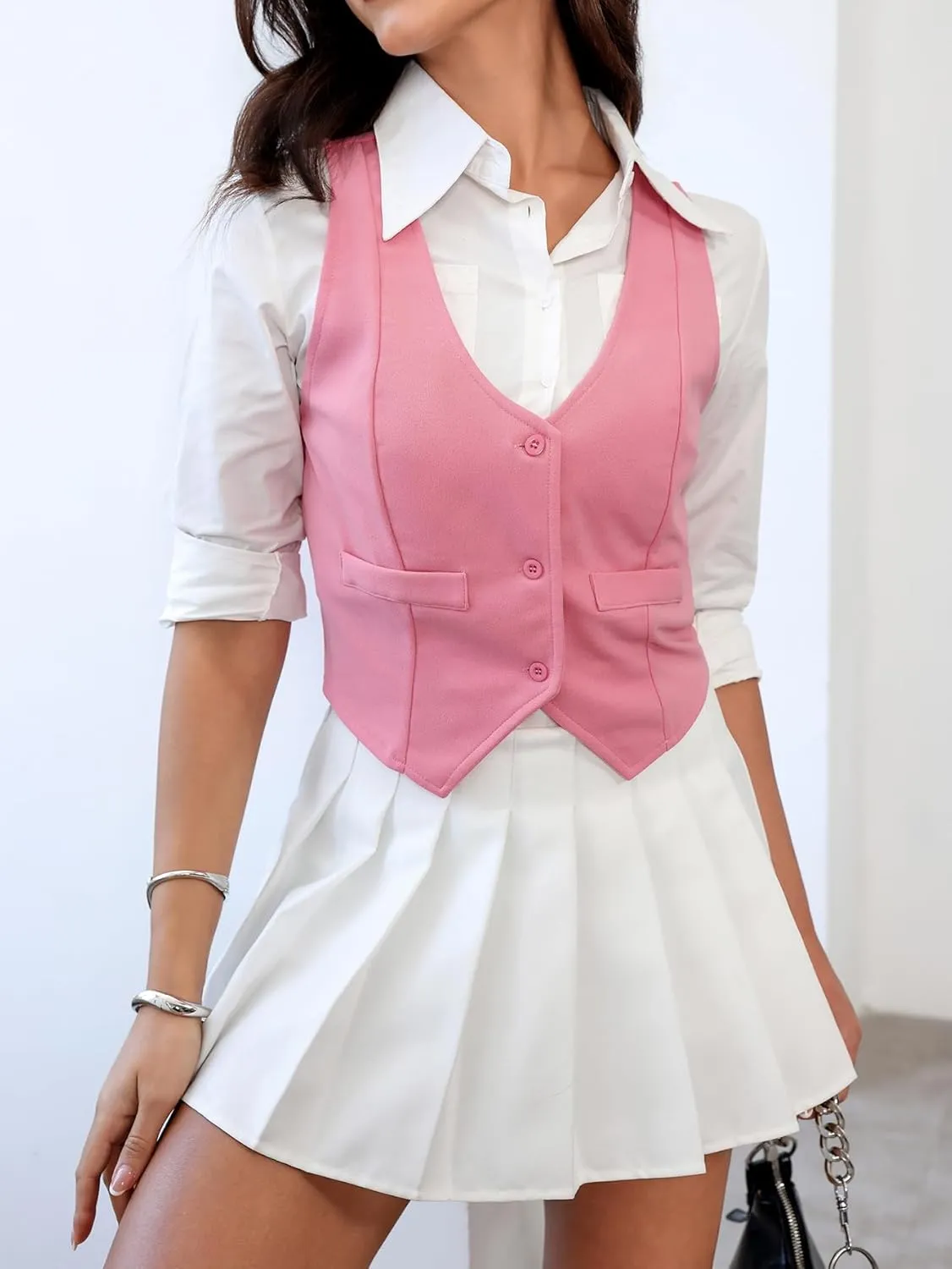 SweatyRocks Women's Solid Button Front Crop Waistcoat V Neck Sleeveless Blazers