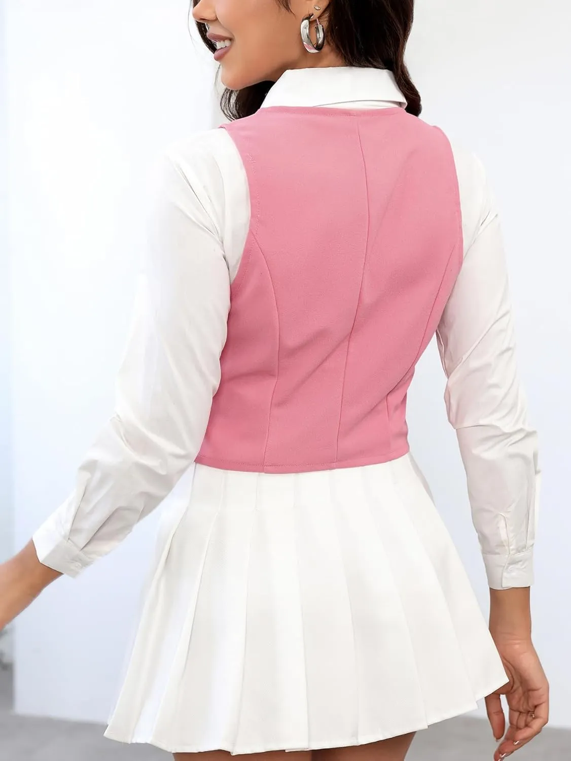 SweatyRocks Women's Solid Button Front Crop Waistcoat V Neck Sleeveless Blazers