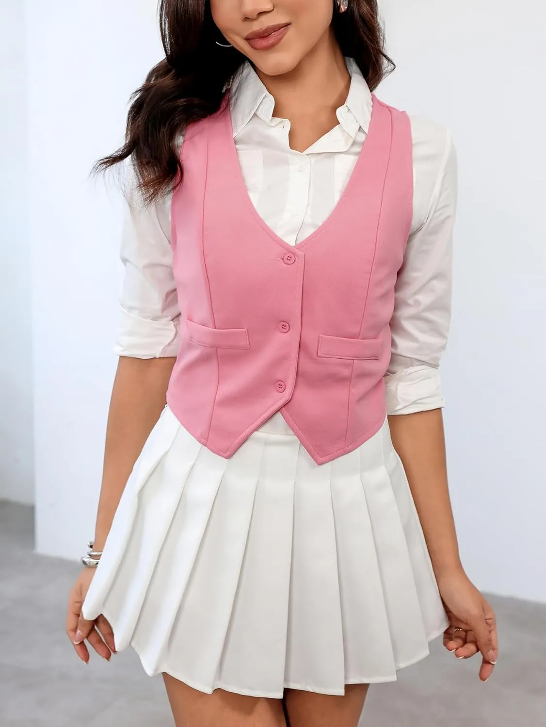 SweatyRocks Women's Solid Button Front Crop Waistcoat V Neck Sleeveless Blazers