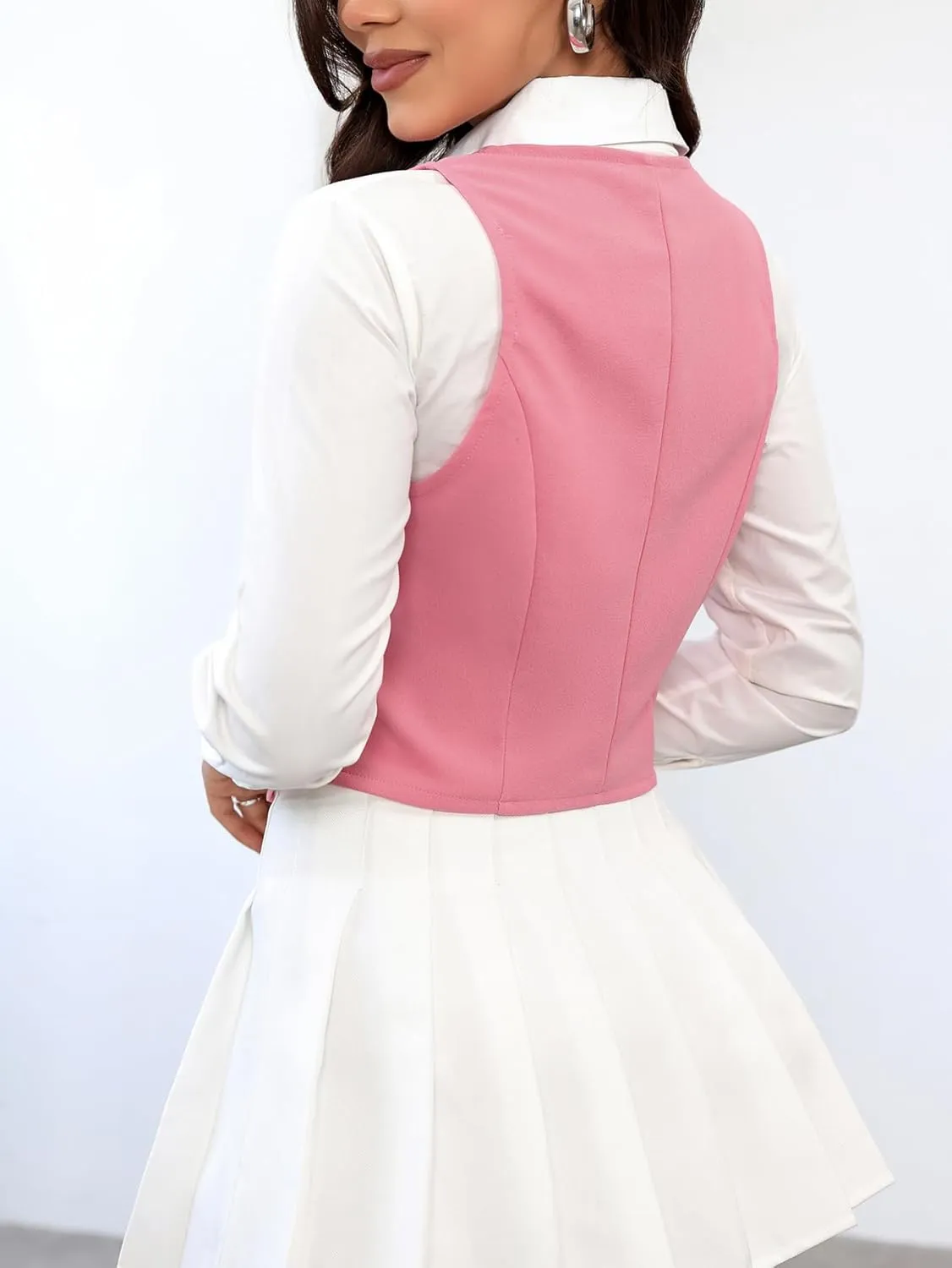 SweatyRocks Women's Solid Button Front Crop Waistcoat V Neck Sleeveless Blazers