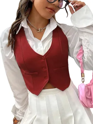 SweatyRocks Women's Solid Button Front Crop Waistcoat V Neck Sleeveless Blazers